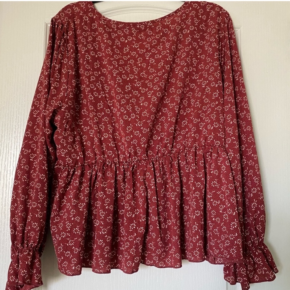 🔴 CLEARANCE SHEIN CURVE 💋 DARK RED & WHITE FLORAL GATHERED WAIST BLOUSE TOP 2X - Picture 10 of 10